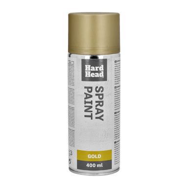 En 400 ml burk Hard Head Spray Paint med guldlock och etikett. Etiketten visar produktdetaljer och användningsanvisningar.
