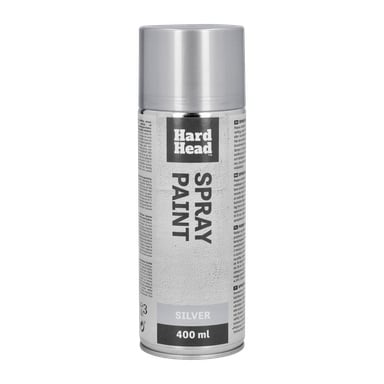 En 400 ml burk Hard Head Spray Paint i silver med grå lock och en etikett som visar produktdetaljer, varumärke och användningsanvisningar.