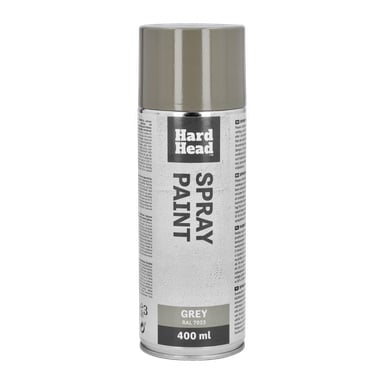 En 400 ml Hard Head spraylackburk i GRÅ RAL 7025 med ett grått lock, "SPRAY PAINT" skrivet på etiketten, tillsammans med detaljerade användningsanvisningar.