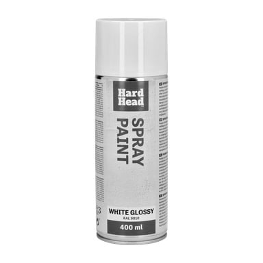En 400 ml burk Hard Head sprayfärg i vitt med blank finish står upprätt. Etiketten visar varumärket "Hard Head" och produktinformation i svart och grå text.