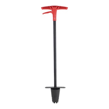 Hard Head Bulb-planteringen med handtag har ett långt svart handtag, ett rött T-grepp upptill och en konformad svart bas med sågtandade kanter, perfekt för att plantera lökar.