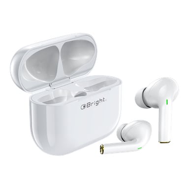 Ett par vita trådlösa in-ear-hörlurar med pekkontroller från Bright, med gröna indikatorlampor, står bredvid ett öppet glansigt laddningsfodral med två platser.