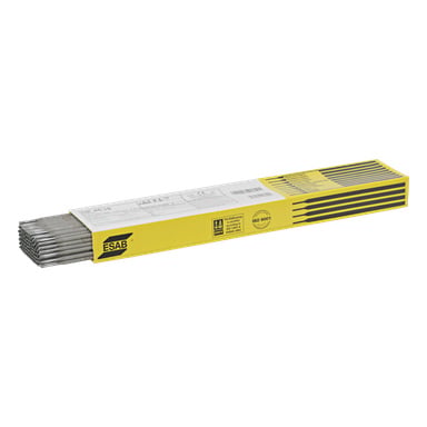 En gul og svart boks merket ESAB OK 46.16 inneholder flere Rutile-sveiseelektroder, hvorav noen delvis er trukket ut for å vise de grå metallspissene og de svarte overflatene. Produktdetaljer og sertifiseringsetiketter er trykt på toppen av esken.