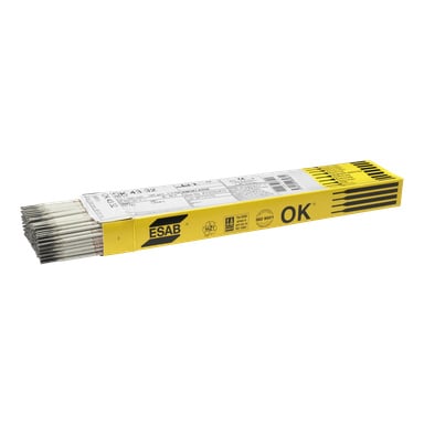 En gul og hvit ESAB-merket boks inneholder Rutile-sveiseelektroder OK 43.32, med flere elektroder som stikker ut fra den ene siden. Esken inneholder ulike produktdetaljer, tekniske spesifikasjoner og sertifiseringssymboler.