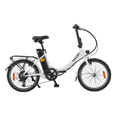 Vit hopfällbar elcykel från Kayoba med step-through-ram, svart batteri, bakre bagageutrymme, fram- och bakskärmar samt orange hjulreflektorer, sedda från sidan.