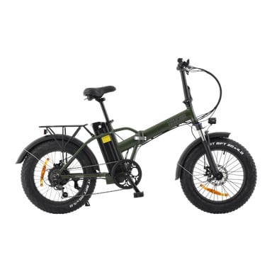 En grön Kayoba hopfällbar e-fat-cykel med tjocka svarta däck, fram- och bakskärmar, ett bakre bagageställ och ett batteri placerat bakom sadelröret, visad i en sidovy.