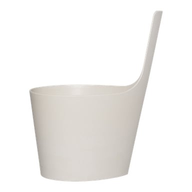 Moderni, beige muovinen saunaämpäri Rentolta, jossa on yksinkertainen sylinterimäinen muoto ja korkea, hoikka kahva, joka kohoaa toiselta puolelta. Muotoilu on tyylikäs ja minimalistinen.