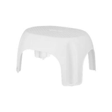 Hard Head Stool är en kompakt, vit plastpall med fyra ben, en strukturerad sittdel och en handtagsspår i mitten.