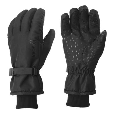 Svarta Kayoba utomhus vinterhandskar visas upp. Den ena handsken har kardborreband och Kayoba Outdoor-logotypen, medan den andra framhäver ett texturerat grepp på handflata och fingertoppar. Båda handskarna har elastiska handledsband.