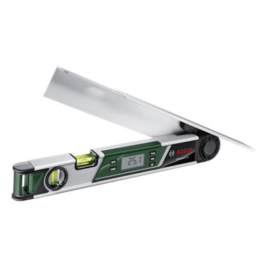 Bosch UniversalAngle digitala vinkelmätare är utrustad med vattenpass och en LCD-display som visar 25,1 grader, med metallarmar delvis utfällda för att framhäva gradskivans kapacitet.