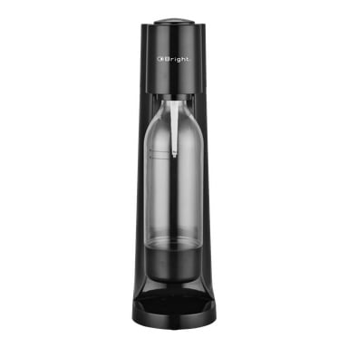 En svart Bright Carbonator står upprätt med en transparent plastflaska placerad i mitten, och varumärket "Bright" syns på den övre delen ovanför flaskan.