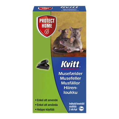 Produktförpackning för Kvitt Mouse Trap Snap 2-paketet, som visar bilder på tre möss och en svart plastsnap-liknande musfälla. Lådan visar enkel funktion och innehåller två fällor, tillsammans med olika produktdetaljer.