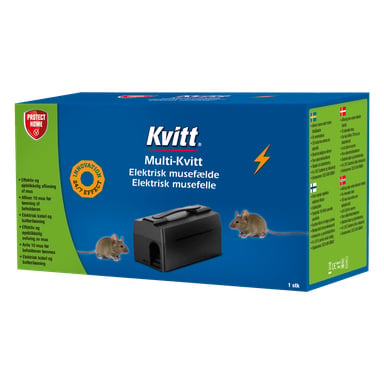 Blå låda för Kvitt Electric musfälla Multi-Kvitt, med en bild på den svarta fällan, två tecknade möss, produktdetaljer på flera språk och ikoner som betonar säkerhet och innovation.