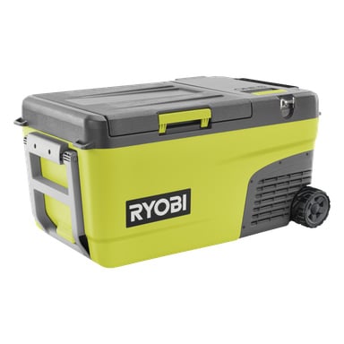 Ryobi One+ RY18CB23A-0 kyl- och frysbox är en portabel modell med hjul och handtag för bekväm rörlighet. Den har en gulgrön kropp, grått lock, sidoluftventil och ett svart lås för säker stängning.