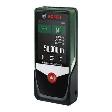 Bosch AdvancedDistance 50 C etäisyysmittarissa on värinäyttö, joka näyttää 50 000 metriä, Bluetooth-kuvake, mittaussymbolit ja punainen pyöreä painike näytön alla.