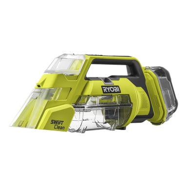 En gul och svart Ryobi One+ batteridriven fläckborttagare, märkt Swift Clean RDC18-0, har en genomskinlig soptunna och ett ergonomiskt handtag.
