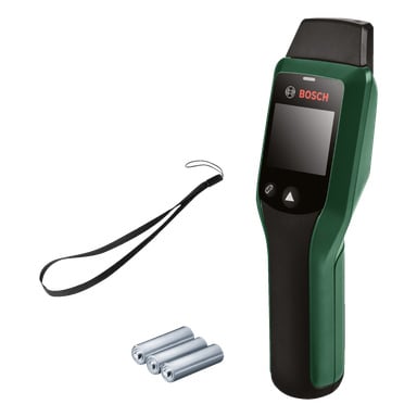 En Bosch UniversalHumid fuktmätare i grönt och svart har en display, tre kontrollknappar, ett handledsband och tre AAA-batterier bredvid. "Bosch"-logotypen visas ovanför skärmen.