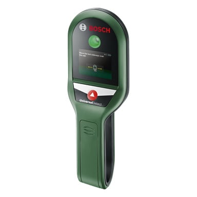 En grön Bosch UniversalDetect multidetektor visar instruktioner på sin skärm för att skjuta verktyget sidledes längs en vägg. Under skärmen finns en grön knapp och en röd triangulär knapp.