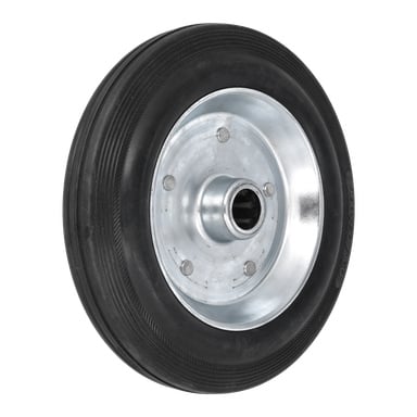 Ett Hamron-transporthjul med ett svart gummidäck som visar tydlig mönster och ett fläckfritt metallnav fäst med fyra bultar verkar vara i perfekt skick.
