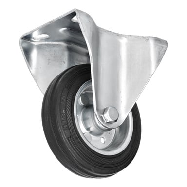 Denna bild visar ett Hamron Transport-hjul, med ett svart gummidäck på en metallhjul med svängbara hjul. Gjutet har en monteringsplatta med två skruvhål för enkel montering på vagnar eller utrustning, vilket ger förbättrad manövrerbarhet.