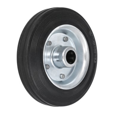 Hamron Transport-hjulet har ett enda svart gummidäck med ett silverfärgat metallnav och tre synliga bultar, visade i vinkel.