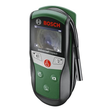 En Bosch UniversalInspect-inspektionskamera som visar skärmen och visar en intern vy, utrustad med kontrollknappar och en flexibel prob som sträcker sig från sidan.