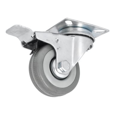 Närbild av Hamron Castor med broms, som visar dess grå svänghjul fäst vid ett metallfäste och monteringsplatta, lämpligt för att öka rörligheten till möbler eller utrustning.