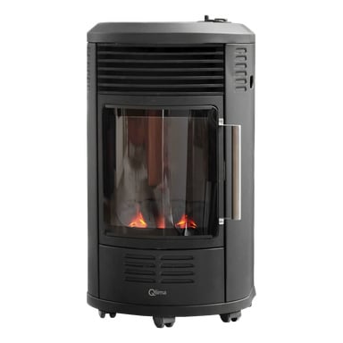 Qlima GH8034 LPG-liesi on musta kannettava lämmitin, jonka lasietuosa näyttää keinotekoisia liekkejä. Siinä on hopeinen kahva oikealla puolella, ilmanvaihtoaukot ylhäällä ja alhaalla sekä pienet pyörät pohjassa kätevää liikkumista varten.
