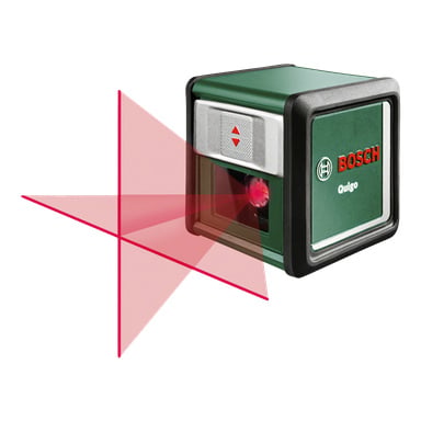 En grön och svart Bosch Cross-laser Quigo III projicerar ett rött vertikalt och horisontellt laserkors framför sig.