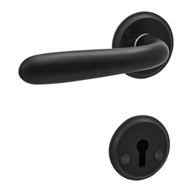 Et Hard Head innvendig dørhåndtak i svart er plassert over en koordinerende rund nøkkelhullplate, begge med matt finish og minimalistisk design.