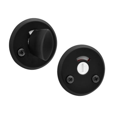 Två svarta runda WC-knoppar från Hard Head visas; en har en vridbar knopp, den andra har ett nyckelhål och en liten röd markör. Varje del hålls fast av två synliga monteringsskruvar.