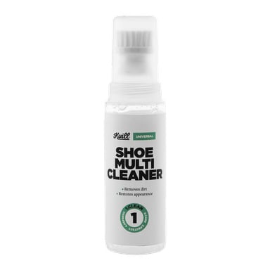 En genomskinlig plastflaska Kvill Shoe Cleaning med integrerad borstlock. Etiketten lyfter fram sin förmåga att ta bort smuts och återställa skor, och presenterar även "1 Clean Project".