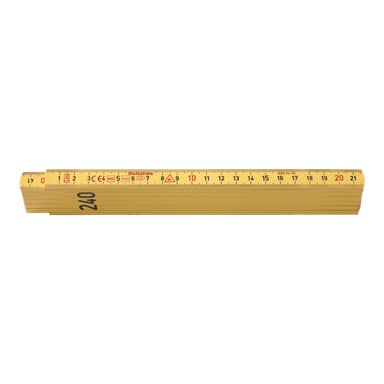 En gul trä-Hultafors-fällningsregel G59 är vikt och visar svarta och röda centimeter- och millimetermarkeringar med siffrorna 1 till 21 tydligt synliga på ett segment.
