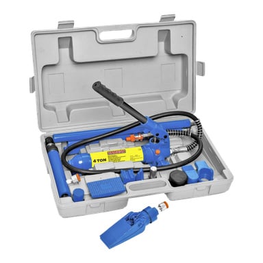 Szare plastikowe etui mieści zestaw narzędzi Hamron Straightening, z niebieskim hydraulicznym podnośnikiem z uchwytem pompy, wężami, dodatkami oraz wieloma adapterami i akcesoriami, wszystko uporządkowane wewnątrz. Narzędzie ma żółtą etykietę oznaczoną 4 TON.