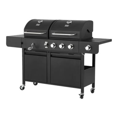 Burns & Barkles All in One 8837 är en svart utomhusgrill med kol och gas med fyra kontrollrattar, dubbla lockade matlagningsfack, sidohyllor, ett nedre förvaringsskåp och fyra hjul.