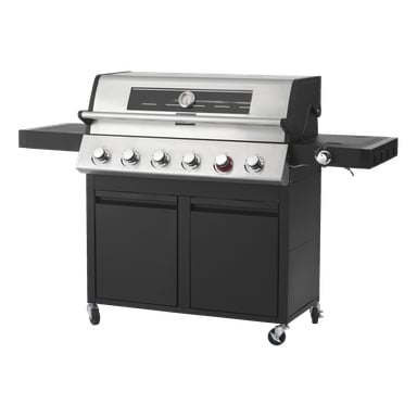 Burns & Barkles Gas Grill Steely King 9042B är en stor grill i rostfritt stål utrustad med sex rattar för styrning, en termometer på huven, sidohyllor för bekvämlighet, ett inhägnat förvaringsutrymme under grillen och hjul för enkel rörelse.