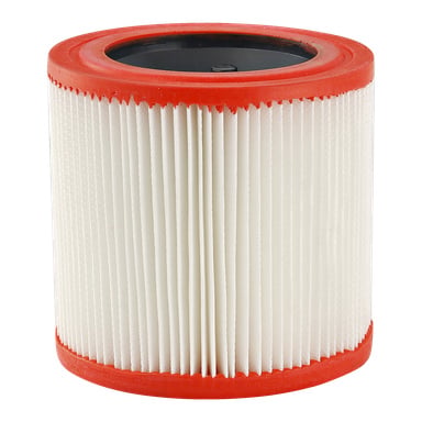 Ett cylindriskt EMW HEPA-filter utan märke med veckat vitt papper och röda gummikanter i båda ändar.