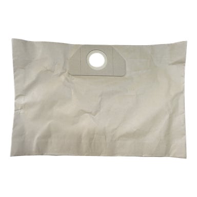 En beige, rektangulär Meec Tools dammsugarpåse från "Vacuum cleaner bags 5-pack"-setet ligger platt och visar en cirkulär pappkrage med ett centralt hål nära toppen.