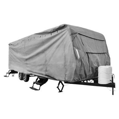 Ett Kayoba Caravan-skydd är monterat över en resvagn som har två hjul på ena sidan, stabiliseringsdomkraftar i varje hörn och en propantank installerad framtill.