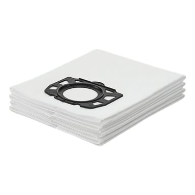 Fyra vita Kärcher-fleecefilterpåsar med svarta plastkragar är arrangerade tillsammans.