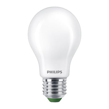 Eine Philips Normal LED-Glühbirne mit Schraubfuß wird gezeigt. Der untere Teil der Birne zeigt in grauen Buchstaben den Markennamen "PHILIPS".