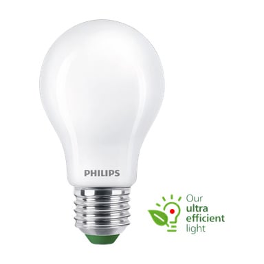 Eine Philips Normal LED-Glühbirne mit silberner Basis wird angezeigt. Daneben befindet sich ein grünes Symbol, das eine Glühbirne und ein Blatt kombiniert, zusammen mit dem Satz "Unser ultraeffizientes Licht", das seine energiesparenden Eigenschaften betont.