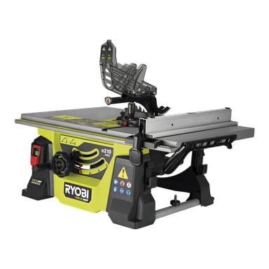 En Ryobi One+ HP batteridriven bordssåg RTBS18X-0 med gul och svart kropp, metallskäryta, justerbart staket, bladskydd och varningsetiketter synliga på sidan.
