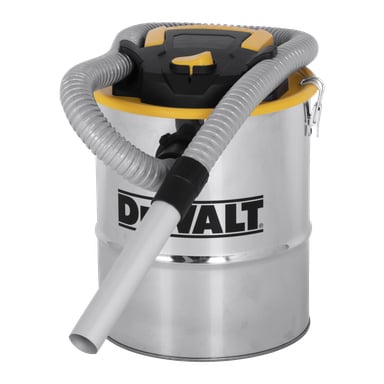 DeWalt Ash Vacuum DXV15A wyposażony w elastyczny szary wąż na górze oraz białą rurkę przedłużającą, z czarno-żółtą pokrywą z uchwytem i zatrzasem.