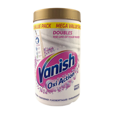 En stor plastburk med Vanish Stain Remover Oxi Action med ett guldlock och en etikett i rosa och blå färger, vilket främjar dess blekande effekt och flera rengöringskrafter.
