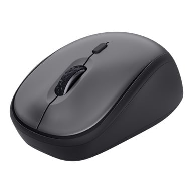 En svart Trust Wireless-mus med scrollhjul och två knappar, designad med mjuka kurvor för ergonomisk komfort.
