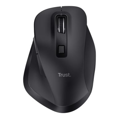 Fidda Eco trådlösa datormus från Trust är svart, ergonomisk, har ett rullhjul och en central knapp. Ovansidan av musen står ordet Trust. i tryck. Bilden visar musen ovanifrån.