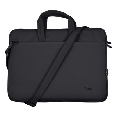 Trust Laptop-väskan Bologna är en slank svart väska med två korta handtag och justerbart axelband. Den har en liten sidolapp och ordet "Trust." tryckt i ett hörn nere i hörnet, vilket visar en minimalistisk och praktisk design.