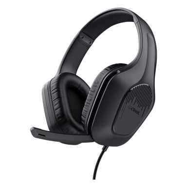 Trust Gaming GXT 415 ZIROX är ett svart, över-ear trådbundet headset med justerbart huvudband, mjuka dämpade öronkuddar och en inbyggd mikrofon placerad på vänster sida. Utsidan av höger örkåpa visar Trust Gamings logotyp.