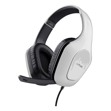 Ett svartvitt över-örat headset med vadderade öronkuddar, justerbart huvudband och en mikrofon fäst på vänster sida. Trust Gaming-logotypen finns på öronkåpan och identifierar modellen som GXT 415PS ZIROX gamingheadset.